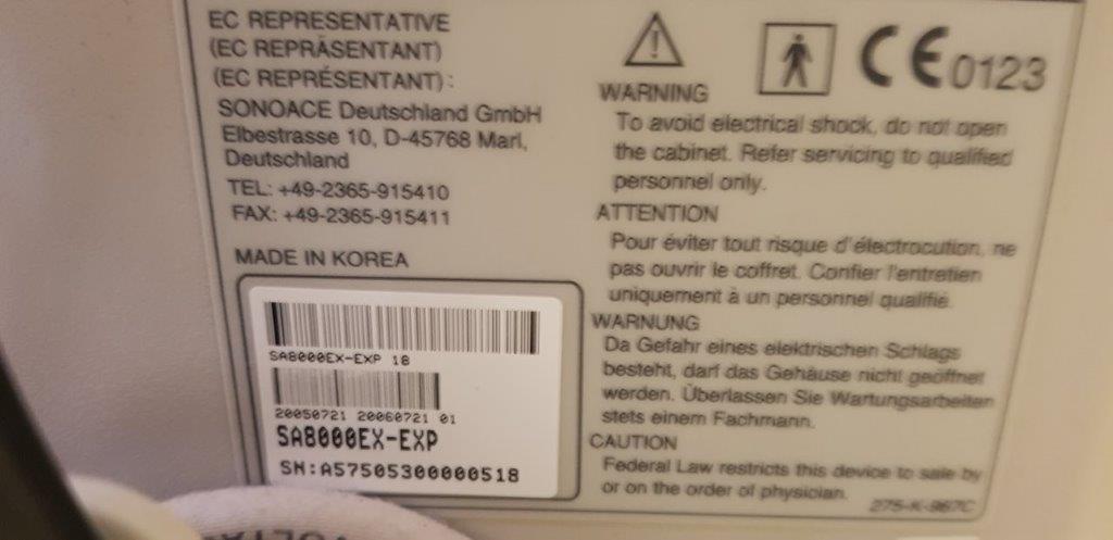 Használt Medison SonoAce 8000EX ultrahang készülék gyári számos címkéje